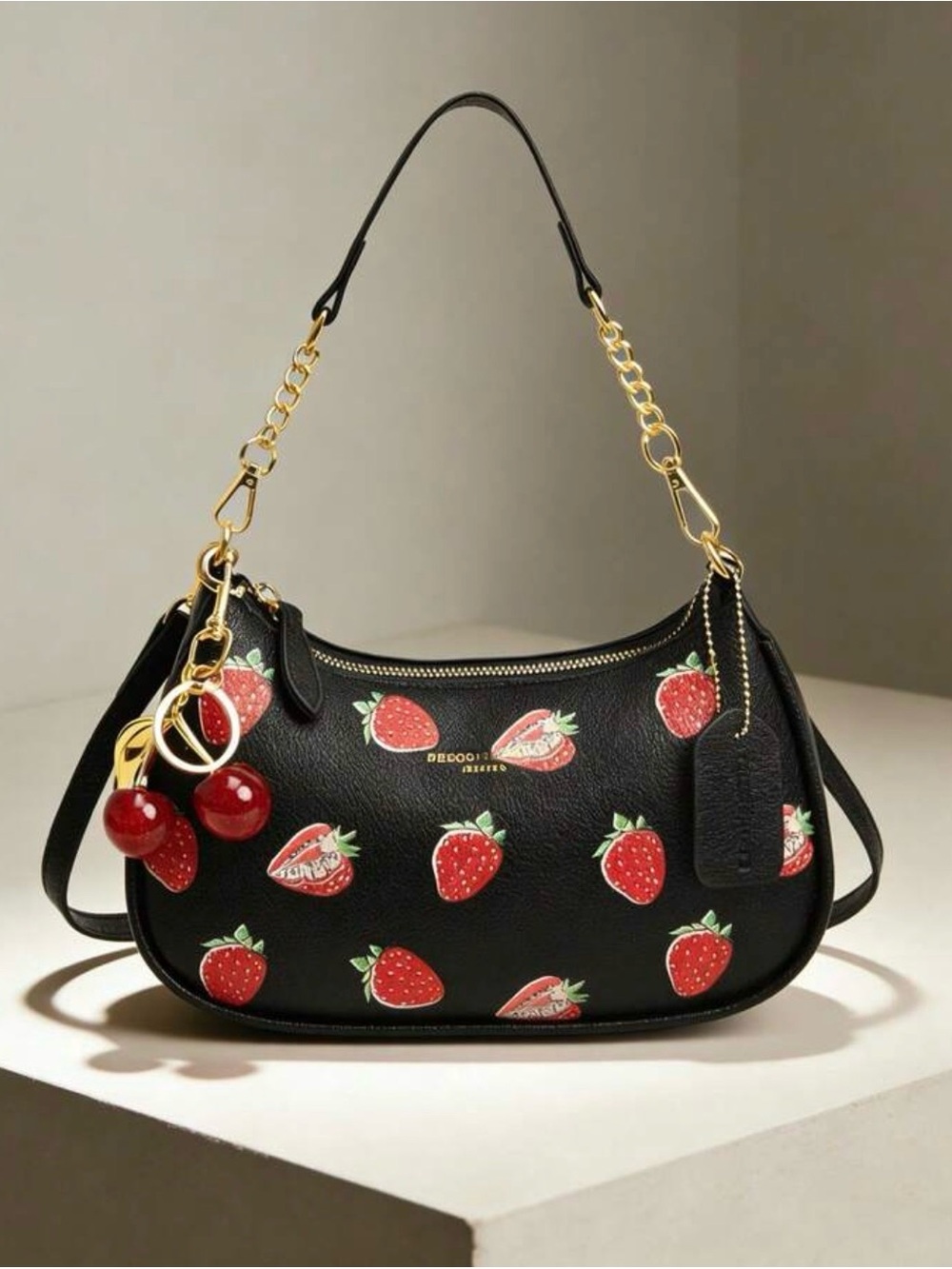 Black Leather Shoulder Bag with Strawberry Print